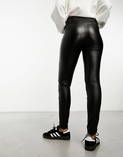 ASOS DESIGN leather look leggings with side split in black