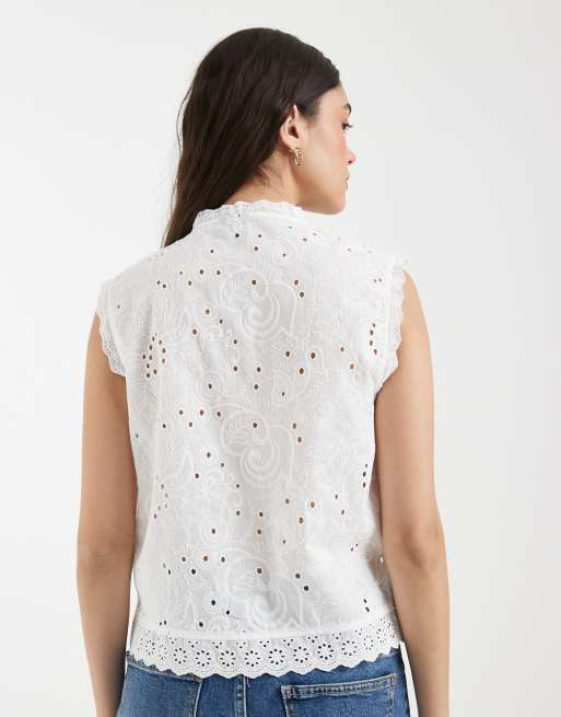 Vero Moda sleeveless broderie button front blouse with scallop edge in white, 4 of 4