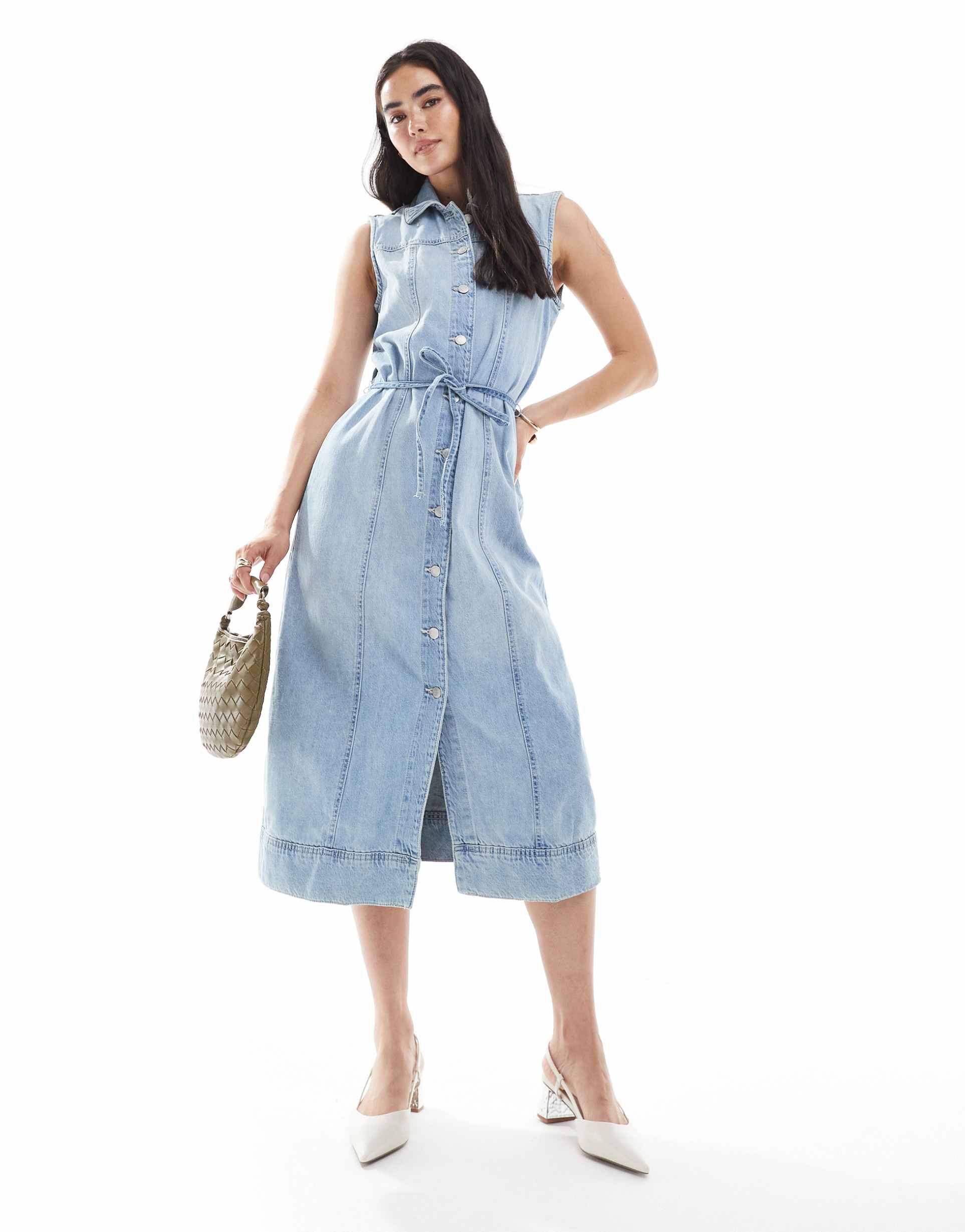 vero moda sleeveless button front tie waist denim midi dress in medium blue wash