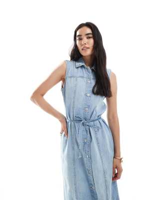 Vero Moda Sleeveless Button Front Tie Waist Denim Midi Dress
