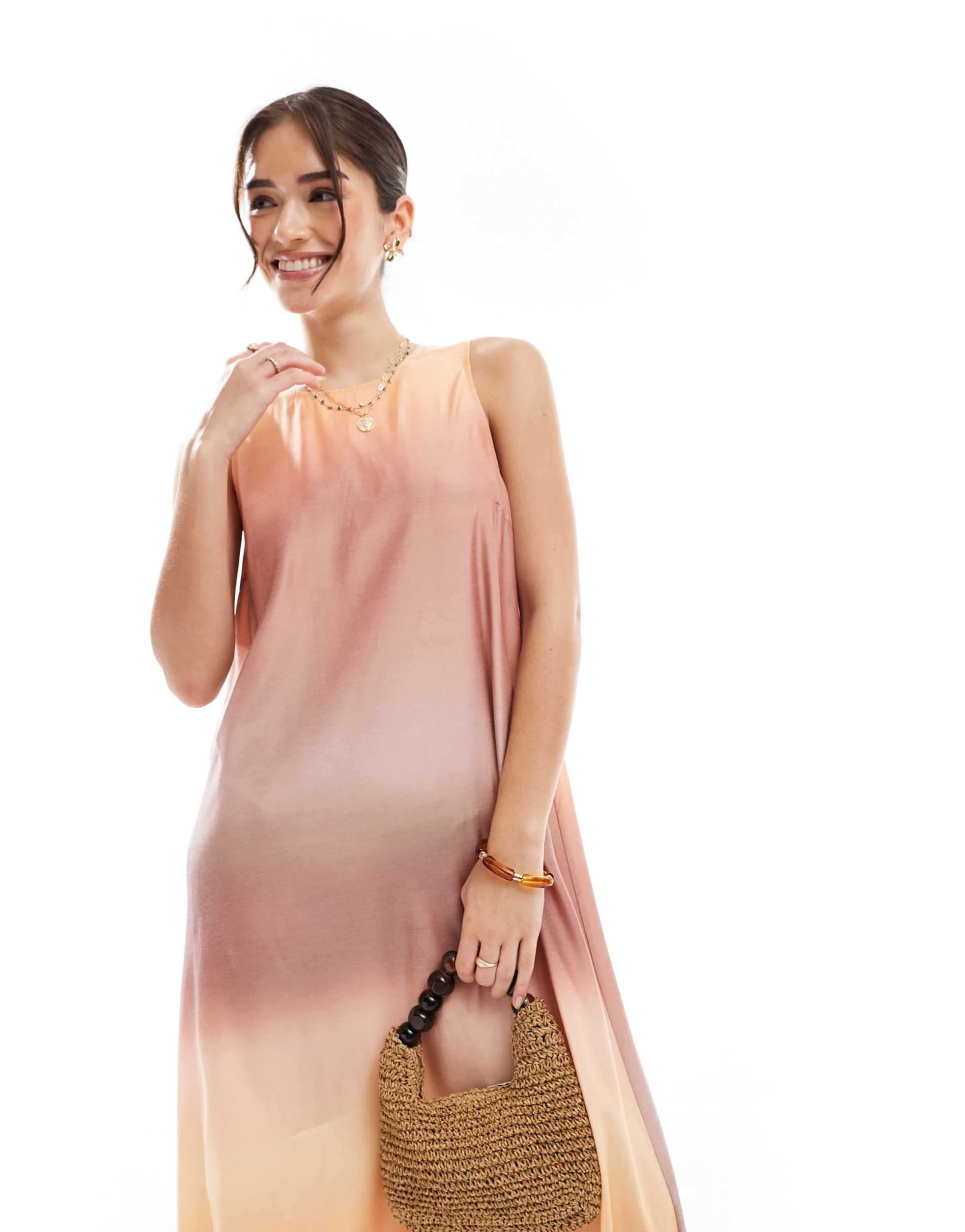 vero moda sleeveless drapey maxi dress in pink and orange ombre