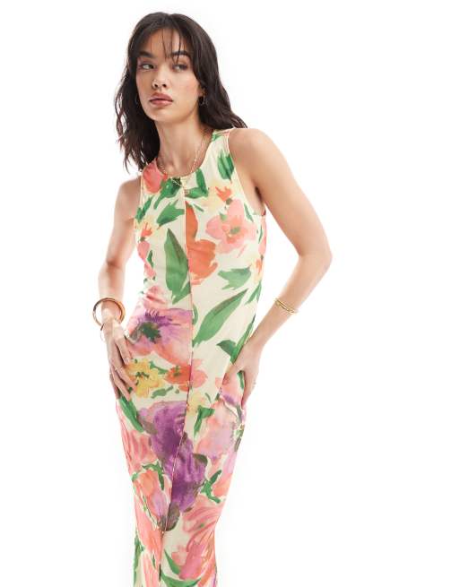 Vero Moda sleeveless lettuce edge mesh dress in summer floral print