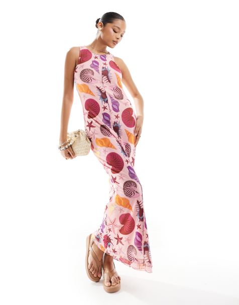 Vero Moda sleeveless lettuce edge mesh maxi dress in pink shell print - view 1
