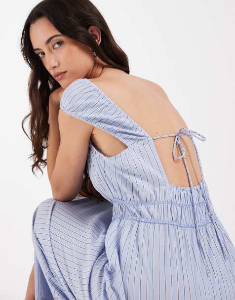 Vero Moda sleeveless milkmaid style midi dress in blue stripe print - view 1
