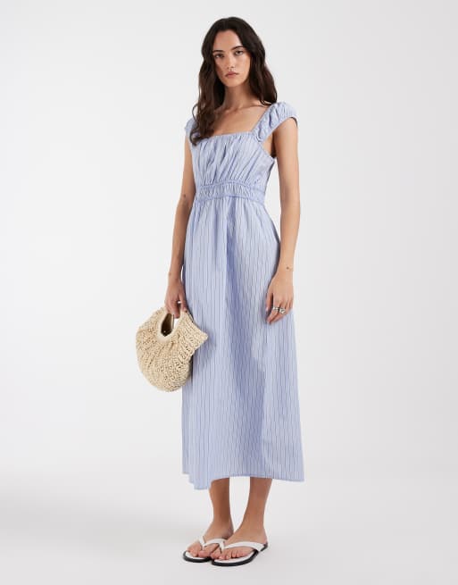 Vero Moda sleeveless milkmaid style midi dress in blue stripe print, 2 of 4
