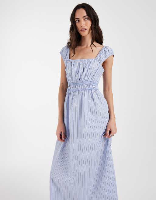 Vero Moda sleeveless milkmaid style midi dress in blue stripe print, 3 of 4