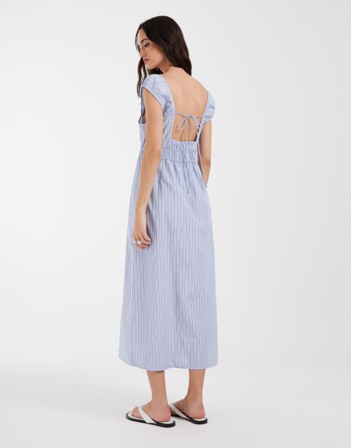 Vero Moda sleeveless milkmaid style midi dress in blue stripe print, 4 of 4