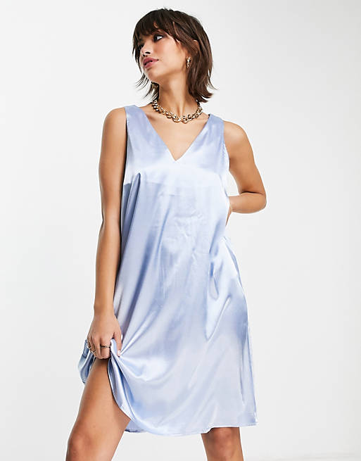 Vero Moda sleeveless mini smock dress in satin light blue