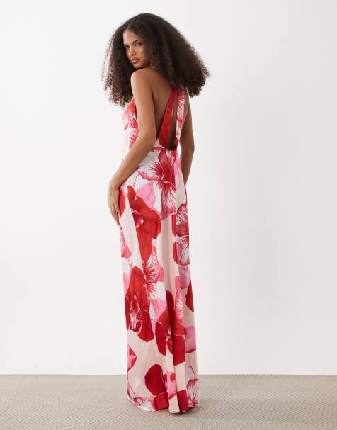 Vero Moda sleeveless open back satin midi dress with overblown floral print in light pink - view 1