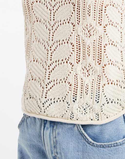 Vero Moda sleeveless patterned crochet tank top in cream, 3 of 4