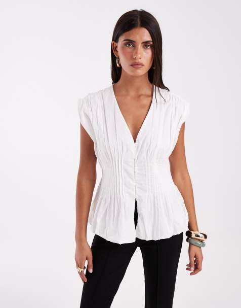 Vero Moda sleeveless pleated button front top in white - view 1