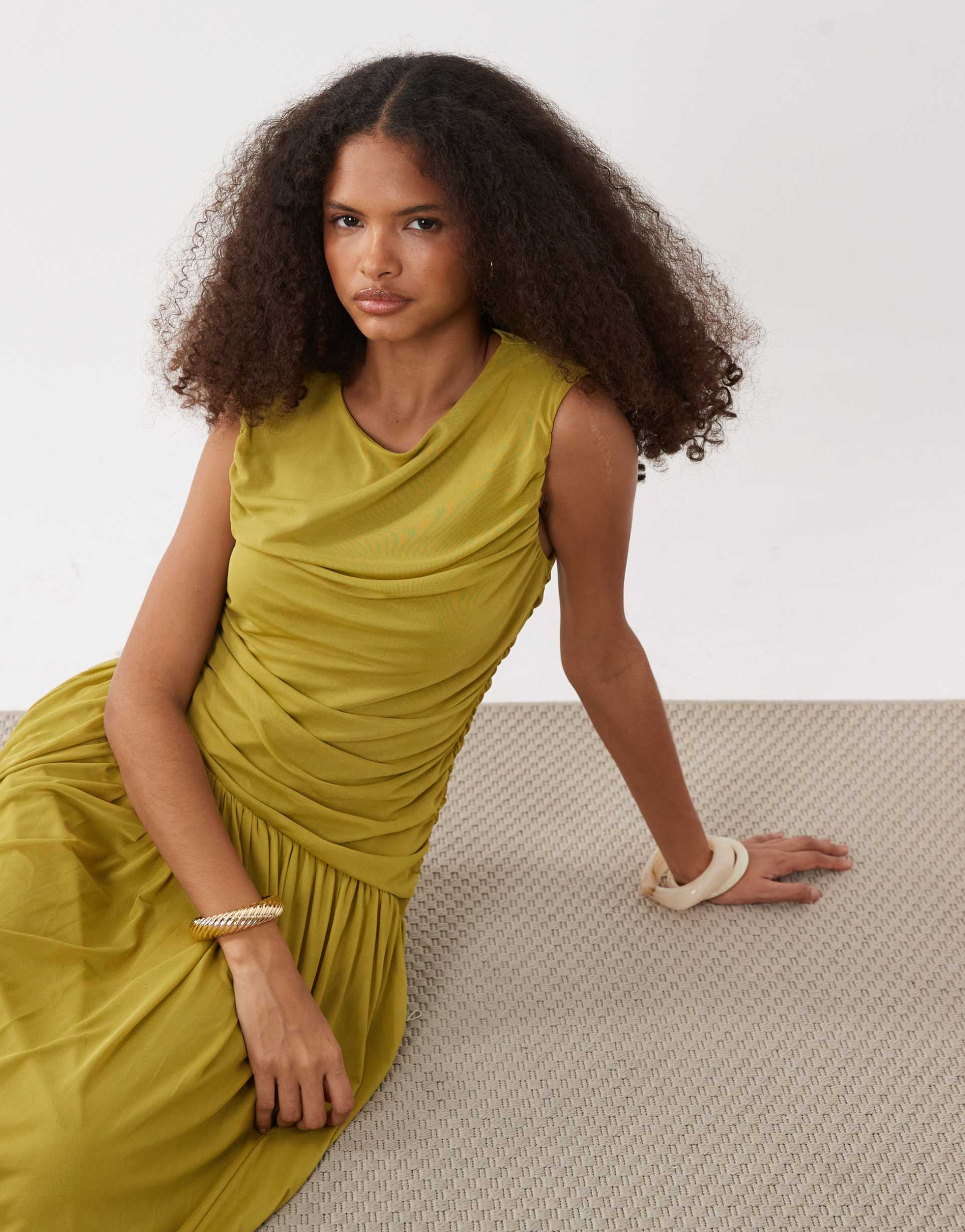 vero moda sleeveless ruched detail maxi dress with asymmetric waist in green