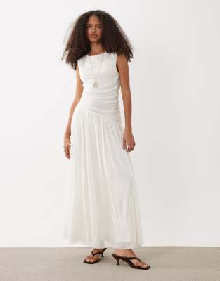 Vero Moda Sleeveless Ruched Detail Maxi Dress With Asymmetric Waist In White