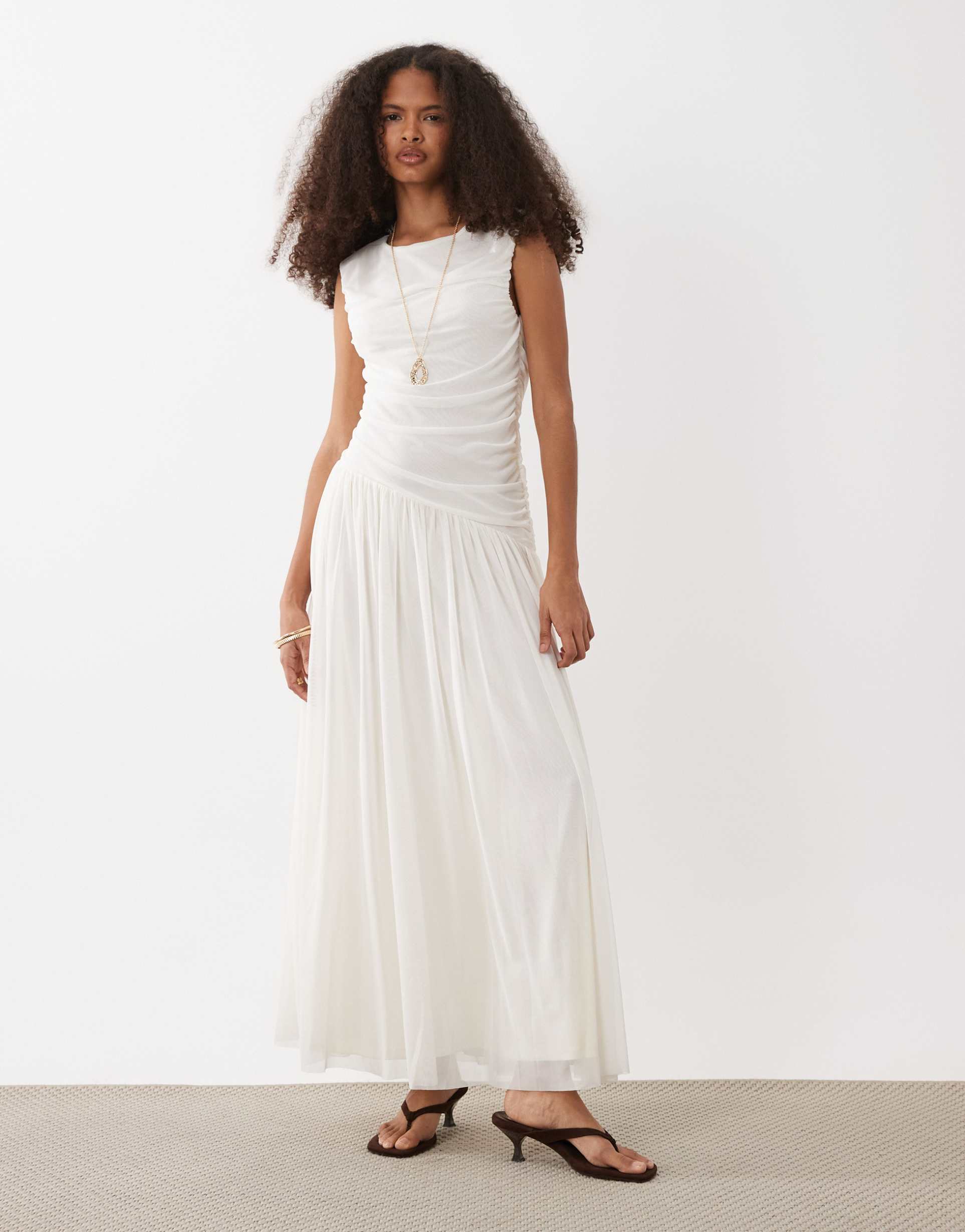 vero moda sleeveless ruched detail maxi dress with asymmetric waist in white