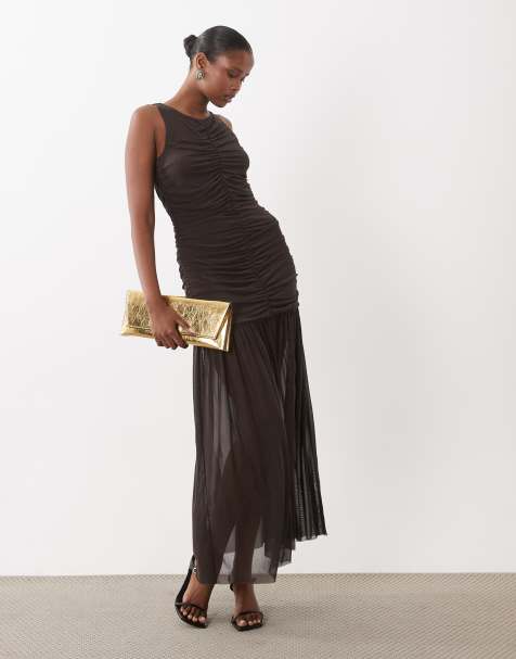 Vero Moda sleeveless ruched detail mesh maxi dress in chocolate brown - view 1