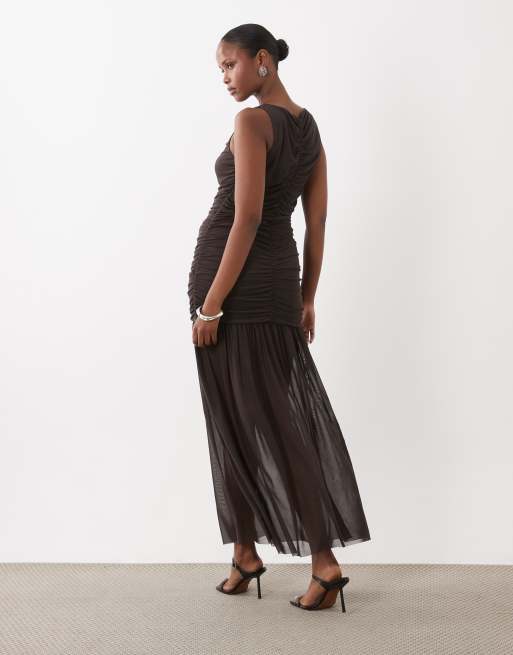 Vero Moda sleeveless ruched detail mesh maxi dress in chocolate brown, 4 of 4