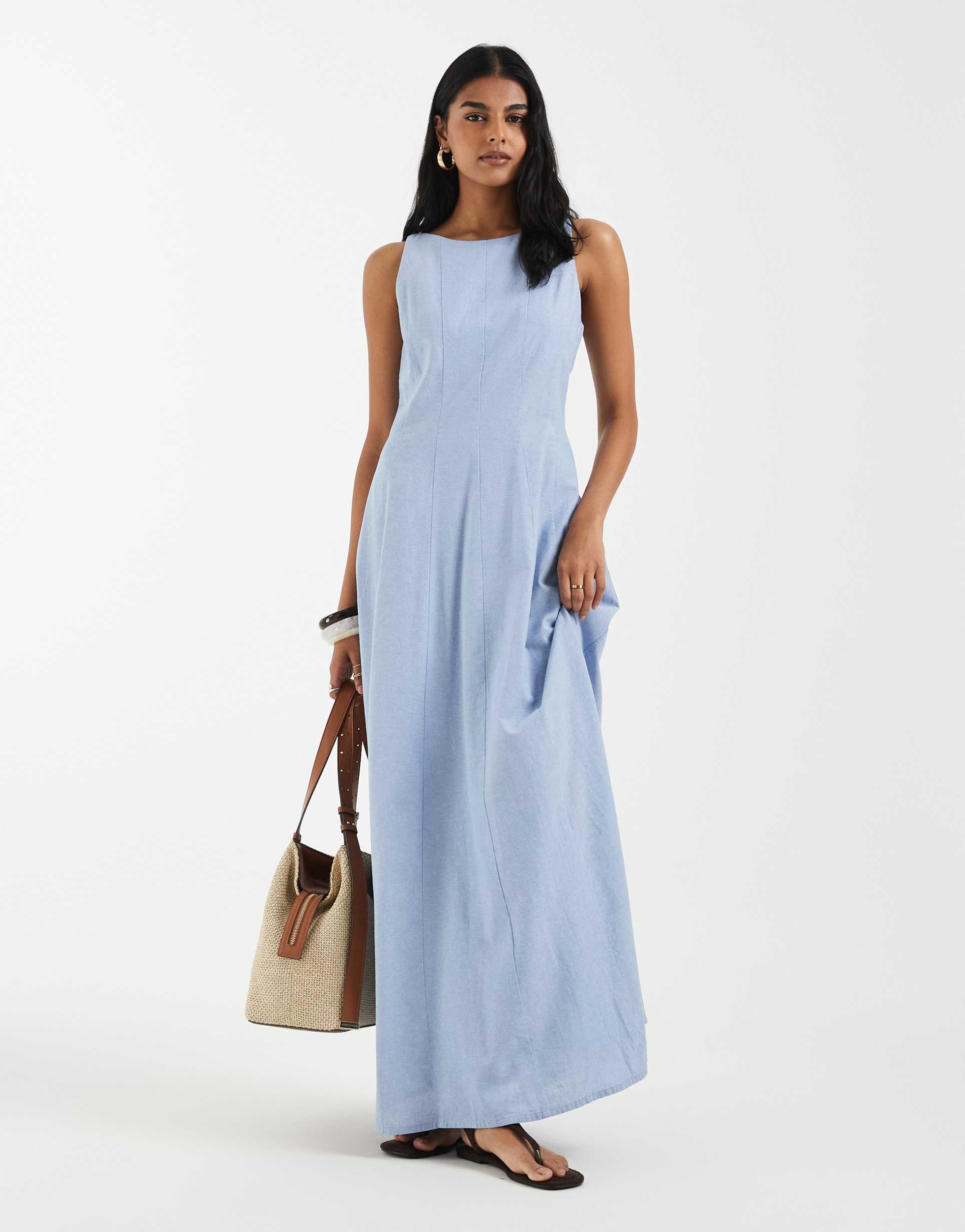 vero moda sleeveless seam detail full skirt midi dress in light blue