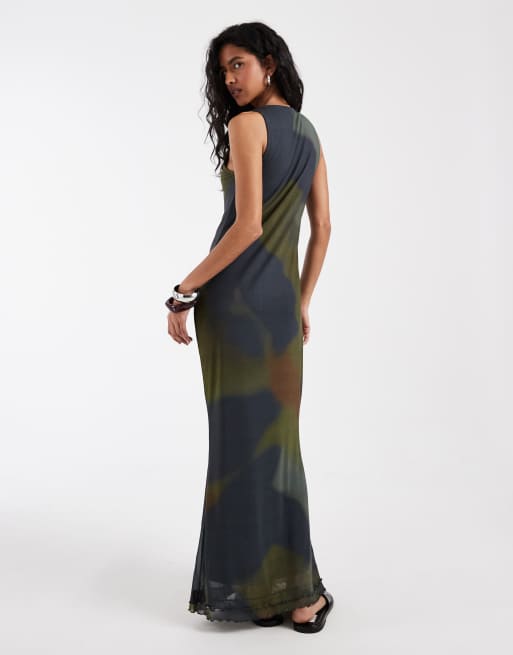 Vero Moda sleeveless seam front mesh dress in brown and green swirl print, 3 of 4