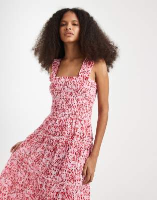 Vero Moda Sleeveless Shirred Bodice Tiered Midi Dress In Pink