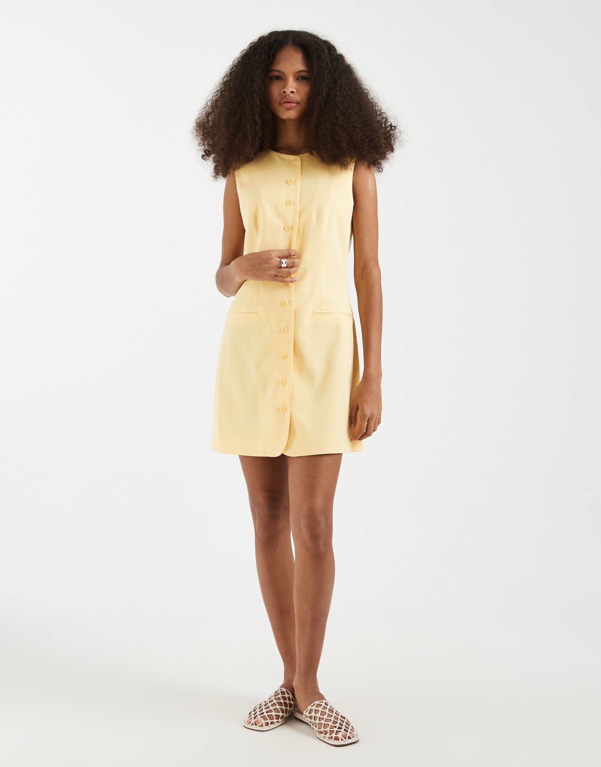 vero moda sleeveless tailored button front mini dress in golden yellow