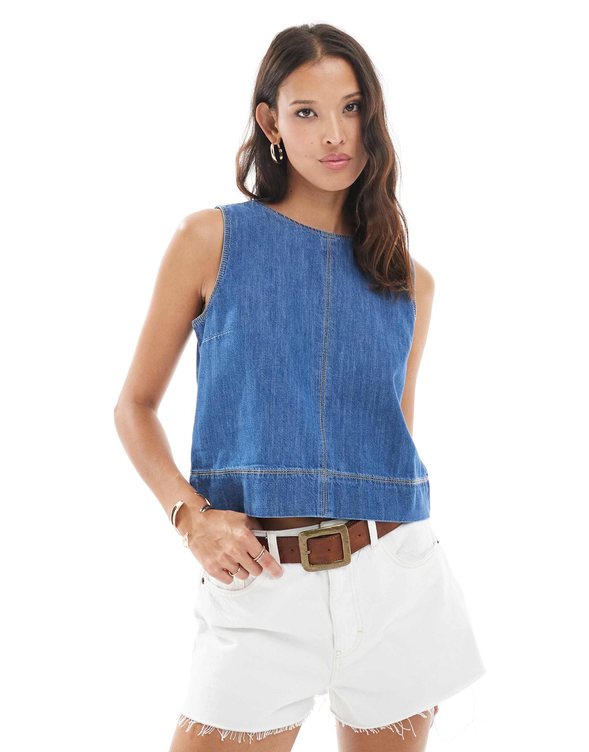 vero moda sleevless denim top in medium blue wash