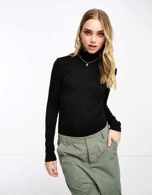 Vero Moda Slinky High Neck Top With Long Sleeves In Black