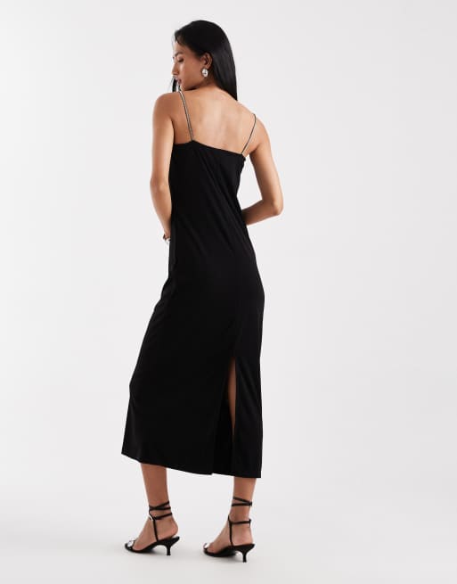 Vero Moda slinky jersey midi dress with diamante embellished cami straps in black, 4 of 4