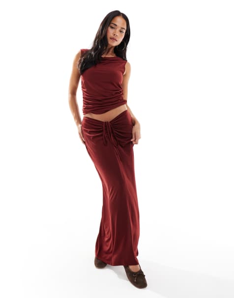 Vero Moda slinky ruched front maxi skirt in burgundy Duplicate text - view 1