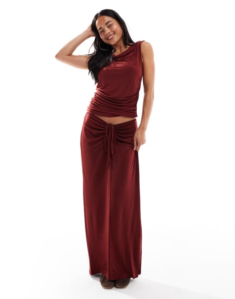Vero Moda slinky ruched top and skirt co-ord in burgundy - view 1