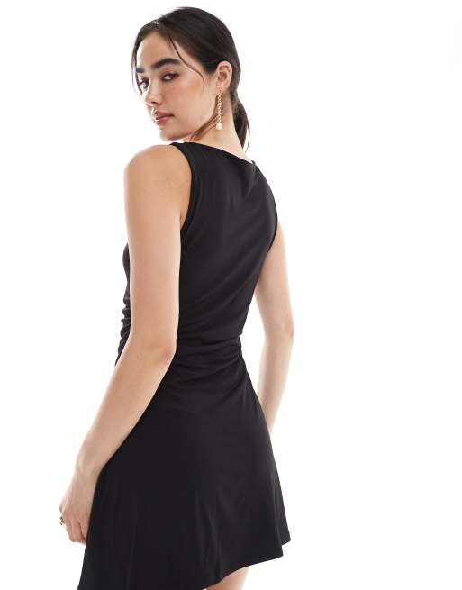 Vero Moda slinky slash neck ruched detail mini dress in black, 2 of 4