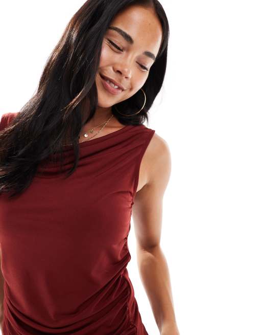 Vero Moda slinky sleevless slash neck tank top co-ord in burgundy, 4 of 4