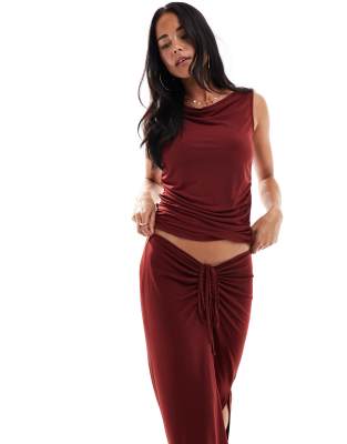 slinky sleevless slash neck tank top in burgundy - part of a set-Red