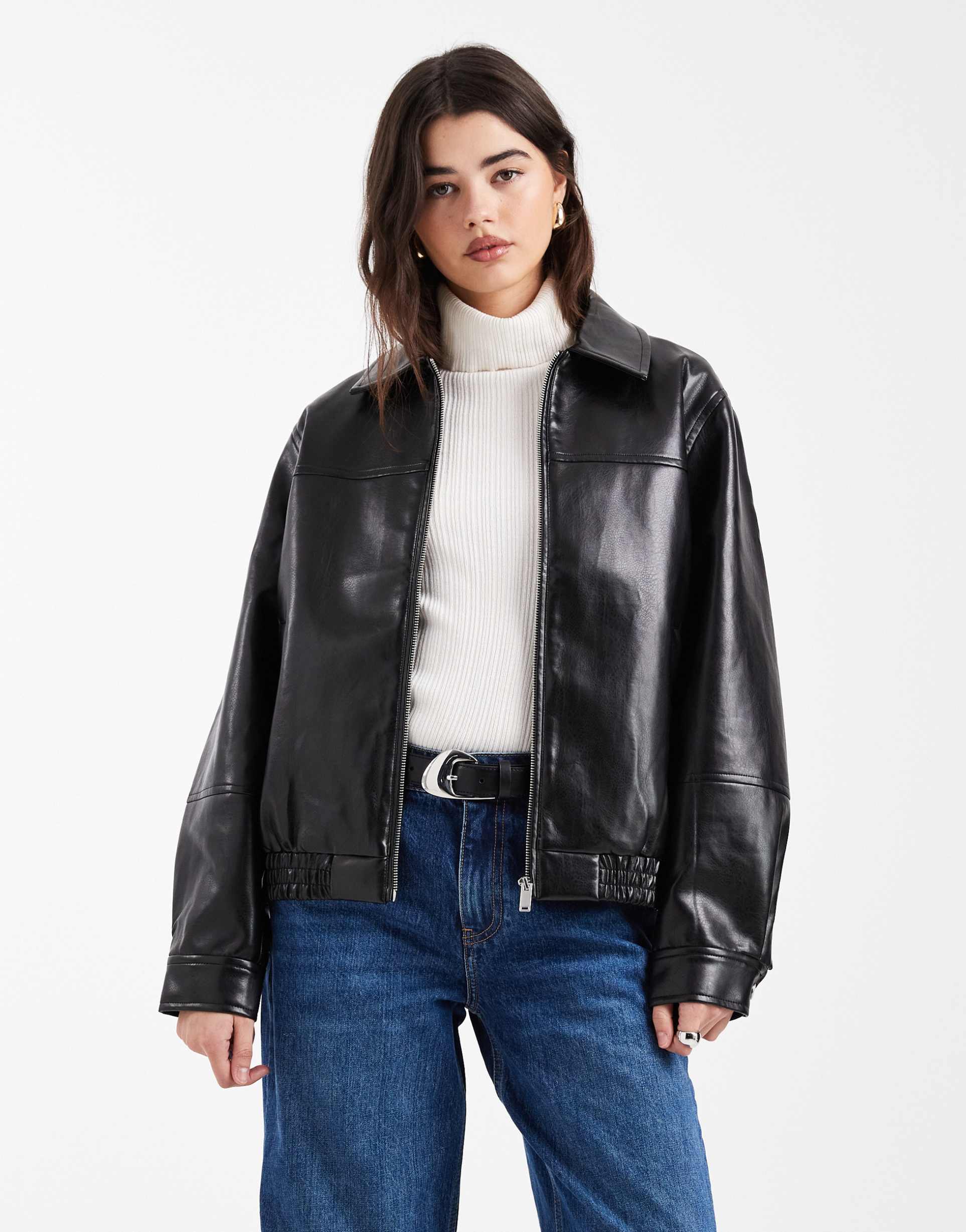 vero moda slouchy faux leather bomber jacket in black