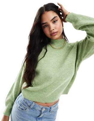 slouchy high neck sweater in green melange