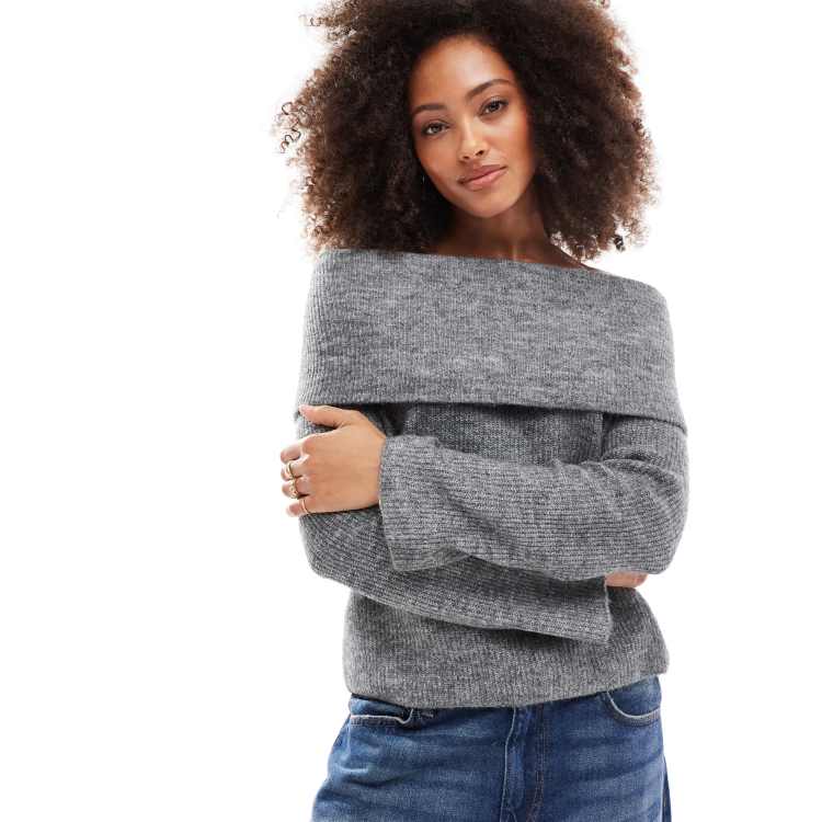 Vero Moda slouchy off shoulder sweater in medium gray melange | ASOS
