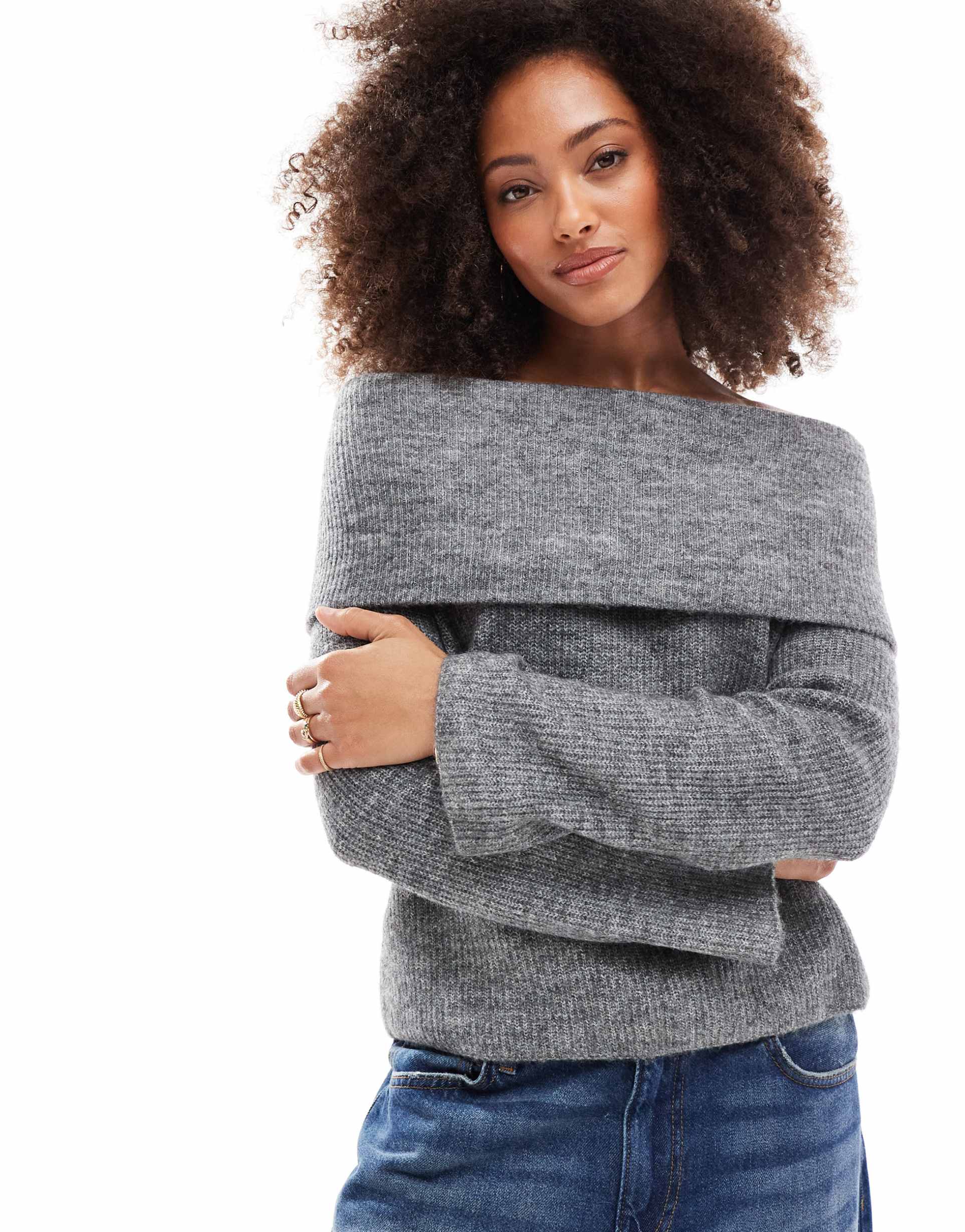 vero moda slouchy off shoulder sweater in medium gray melange