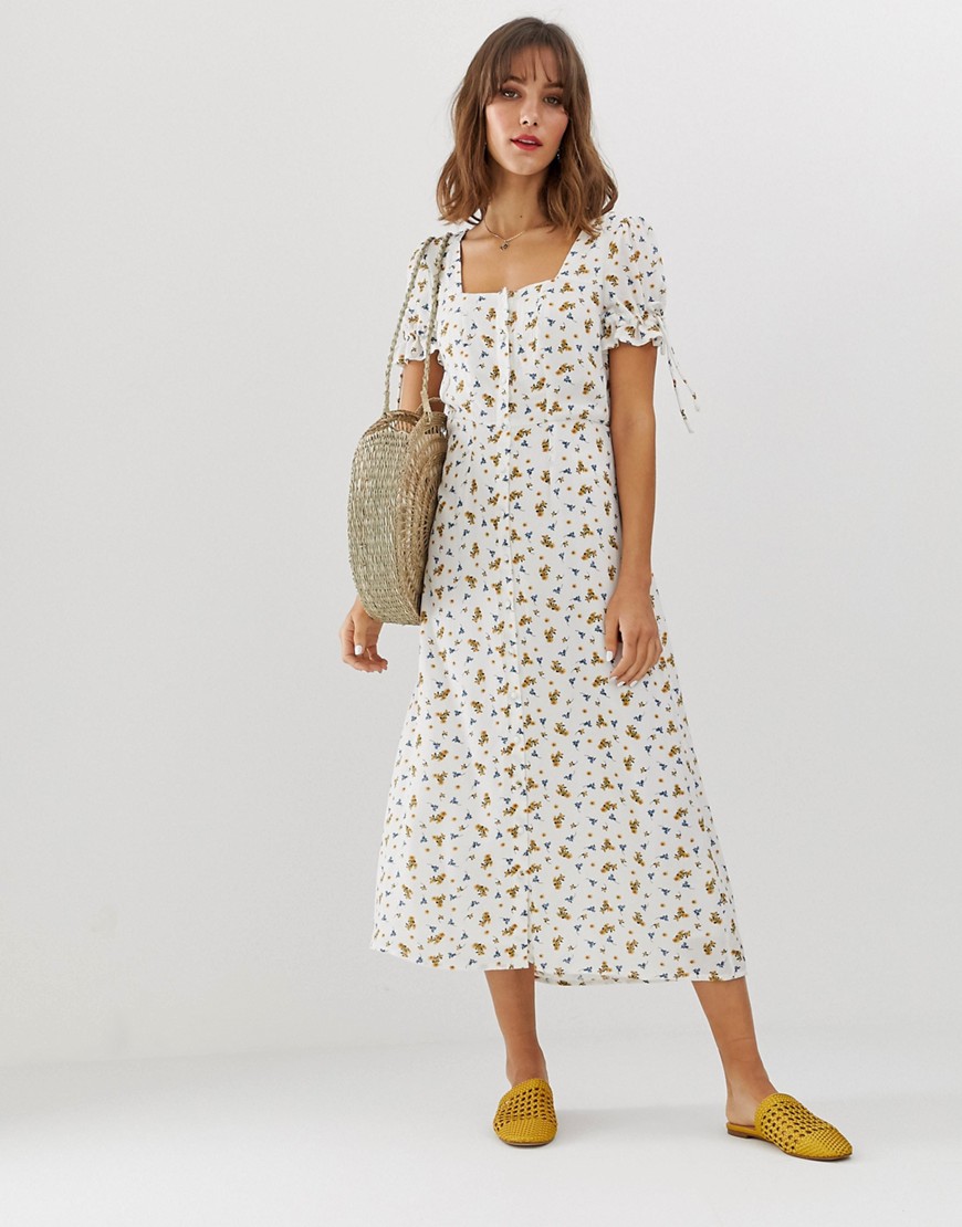 Vero Moda småblomstret tea-kjole med firkantet hals-Creme