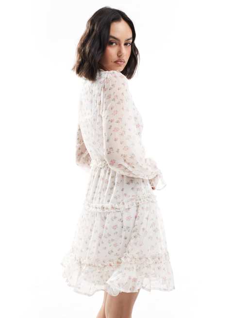 Vero Moda - Smilla - Aangerimpelde mini jurk met ruches in wit met fijne print, 2 van 4
