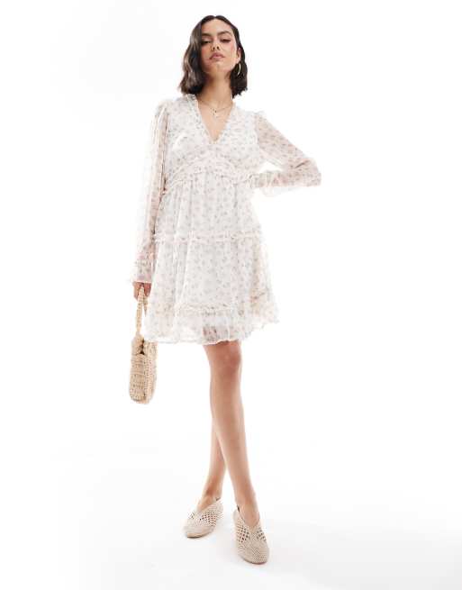 Vero Moda - Smilla - Aangerimpelde mini jurk met ruches in wit met fijne print, 3 van 4