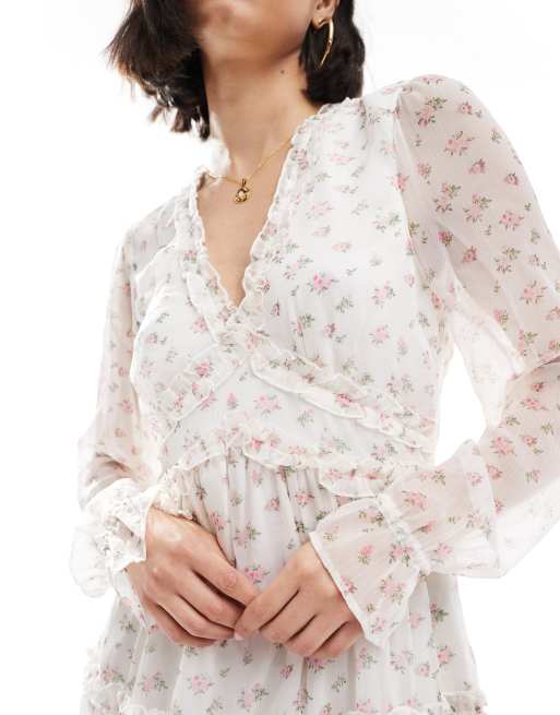 Vero Moda - Smilla - Aangerimpelde mini jurk met ruches in wit met fijne print, 4 van 4