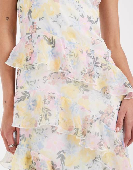 Vero Moda - Smilla - Cami-midikjole med flæsedetaljer og lyserødt og gult blomsterprint i chiffon, 3 af 4
