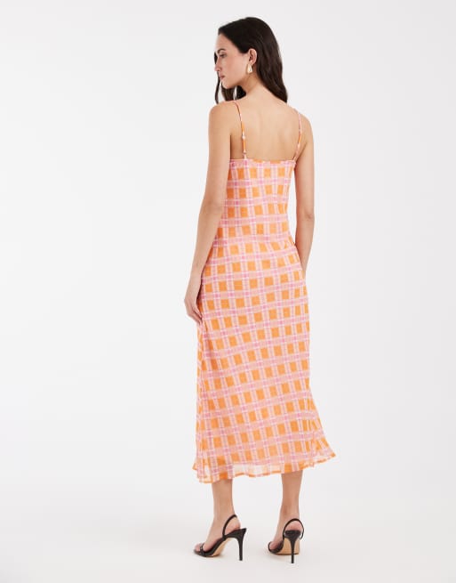 Vero Moda - Smilla - Cami-midikjole med vandfaldsudskæring og orange og pink tern i chiffon, 4 af 4