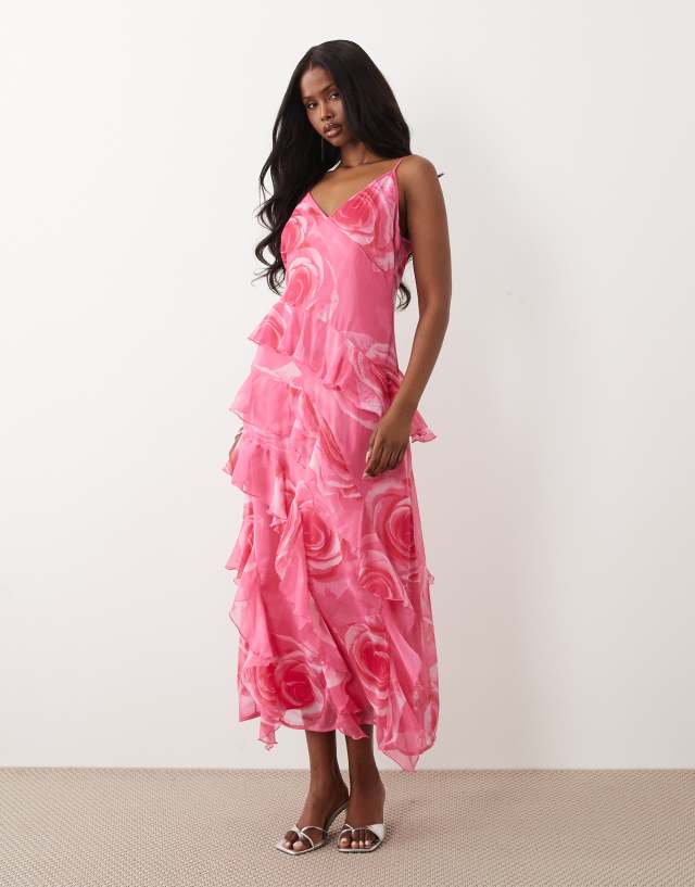 Vero Moda Smilla Chiffon cami ruffle detail midi dress in pink