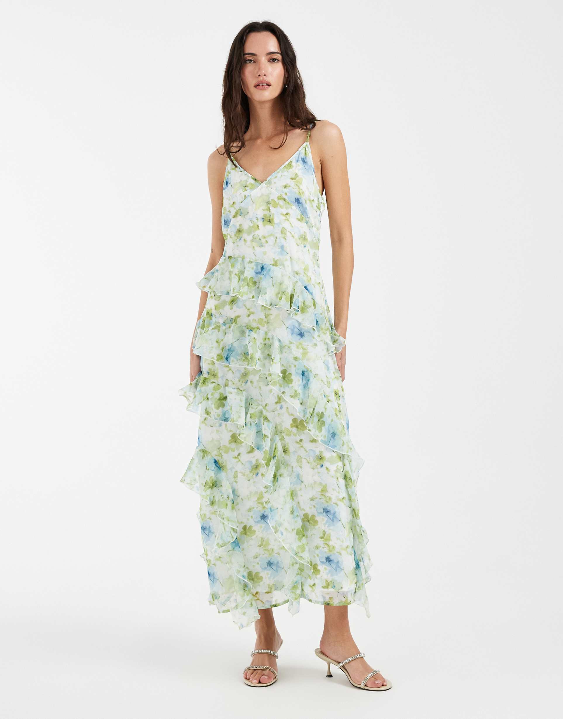 vero moda smilla chiffon cami ruffle detail midi dress in pretty light blue based floral print
