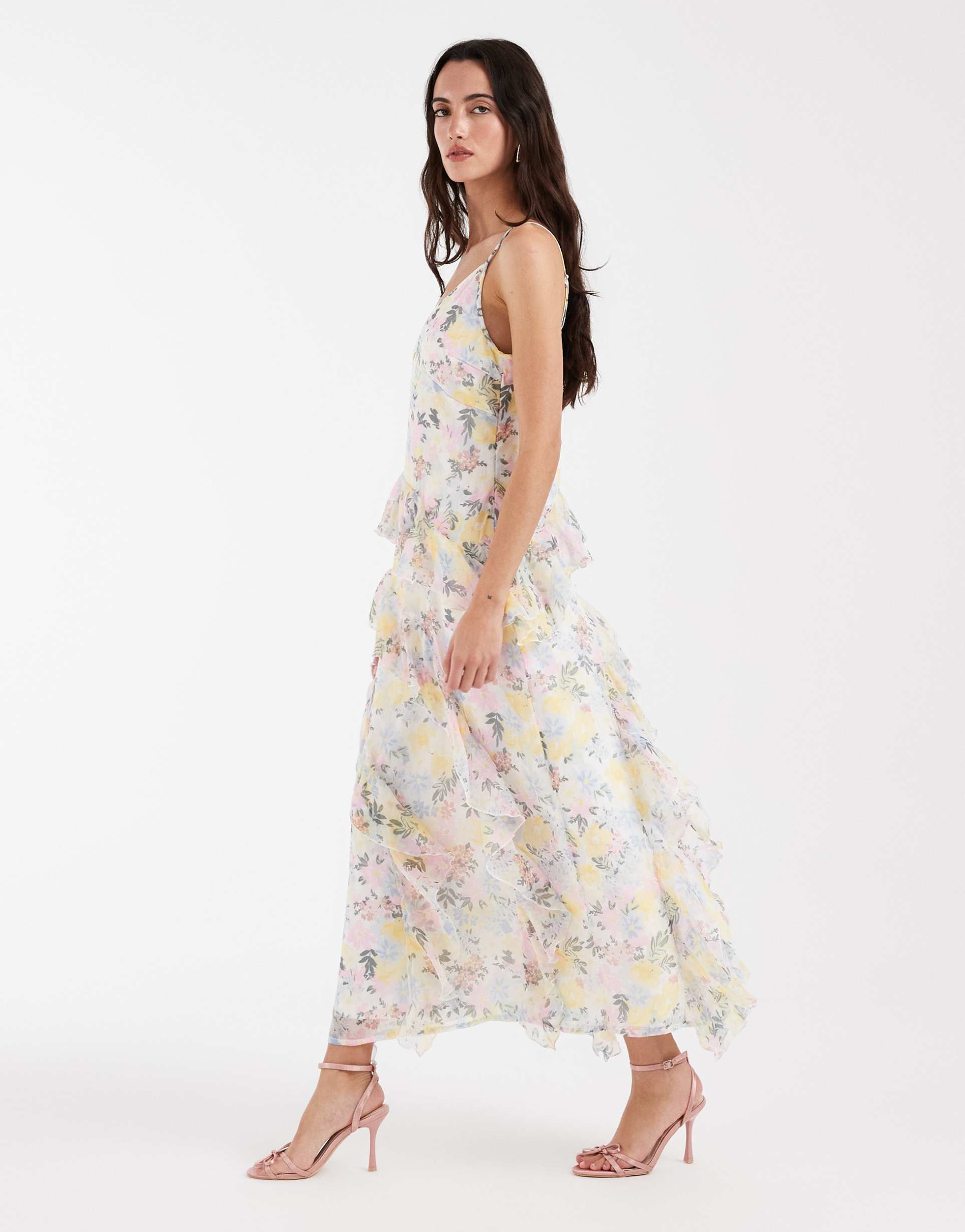 vero moda smilla chiffon cami ruffle detail midi dress in pretty pink and yellow floral print