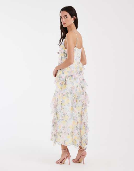 Vero Moda Smilla Chiffon cami ruffle detail midi dress in pretty pink and  yellow floral print | ASOS