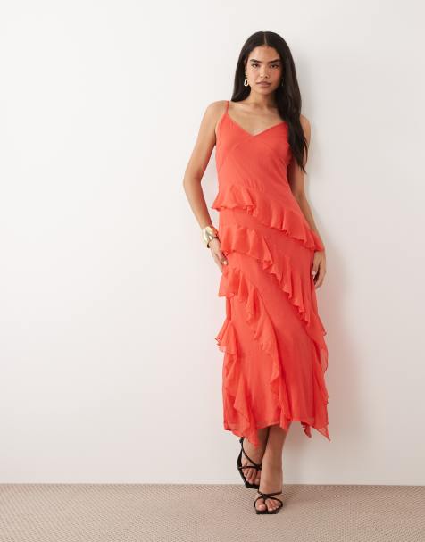Vero Moda Smilla Chiffon cami ruffle detail midi dress in red - view 1