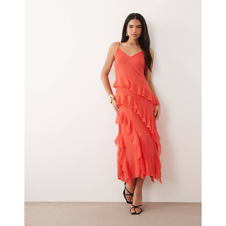 Vero Moda Smilla Chiffon cami Ruffle detail Midi Dress in red
