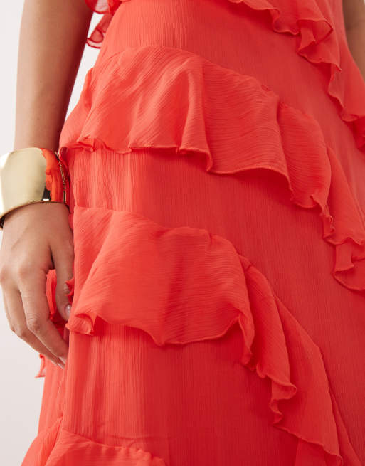Vero Moda Smilla Chiffon cami ruffle detail midi dress in red, 4 of 4