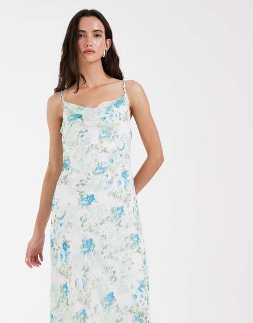 Vero Moda Smilla chiffon cowl neck cami midi dress in blue floral print, 2 of 4